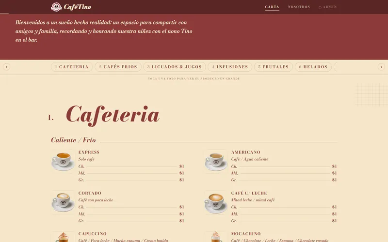 Carta digital de CaféTino: grilla de productos, cada uno con su foto, su descripción y su precio