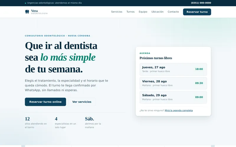 Sitio de Vera Odontología: portada con la agenda de próximos turnos libres al costado