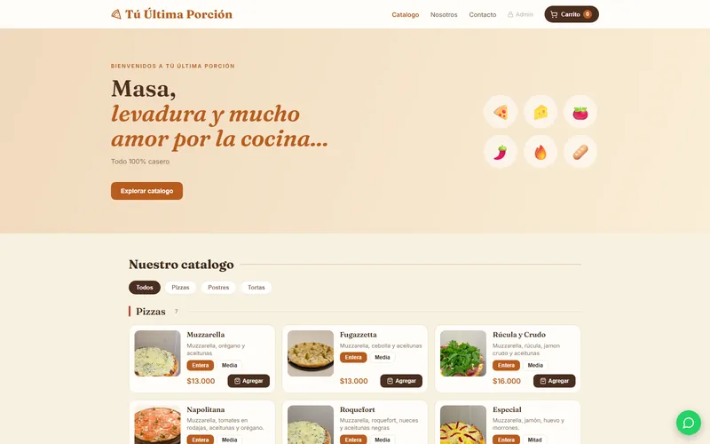 Tienda de Tú Última Porción: catálogo de pizzas con precio y botón de agregar al carrito